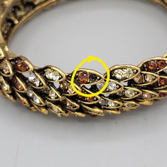 Rhinestone Feather Hinged Bangle Bracelet Clamper Tan White Gold Tone Metal - Picture 8 of 9